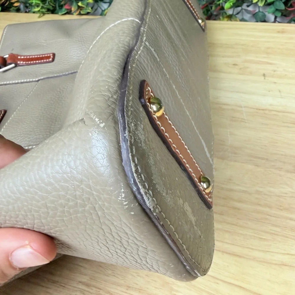 Dooney & Bourke Taupe Pebbled Leather Tote Bag Brown Trim Red Lining Medium